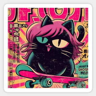 Pink Haired Black Cat Skater Girl Sticker